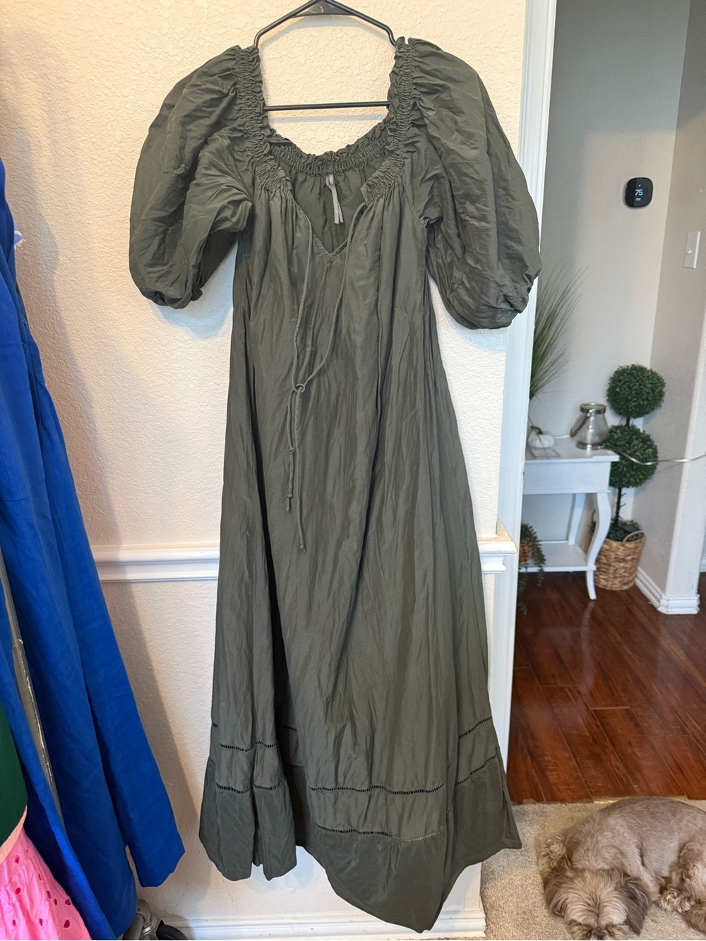 Anthropologie Olive Green Lace-Up Puff Sleeve Midi Dress large - Picture 3 of 10